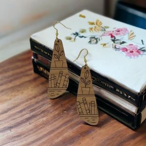 Bookshelf Earrings Teardrop Wood Dangle Earrings Book Lovers Gifts Boho Jewelry